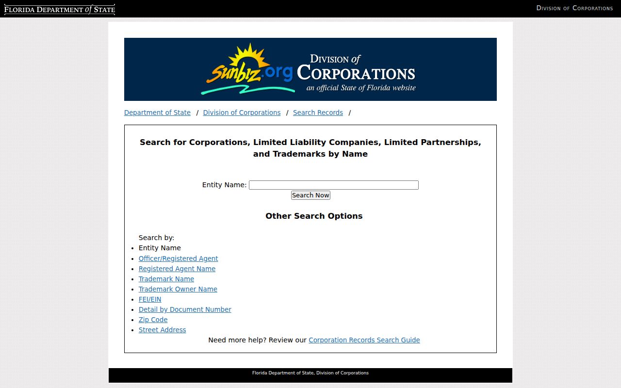 Florida Sunbiz business name search used to verify Palm Beach Gardens affiliations