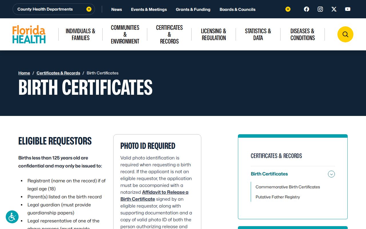 Florida birth certificate access for Palm Beach Gardens residents directory family research