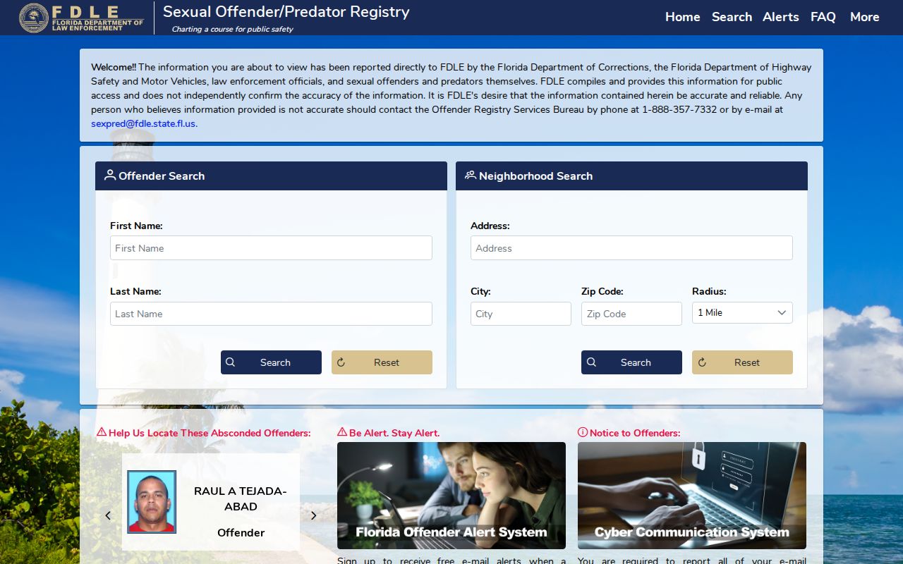 Palm Beach Gardens resident lookup using the FDLE official registry search